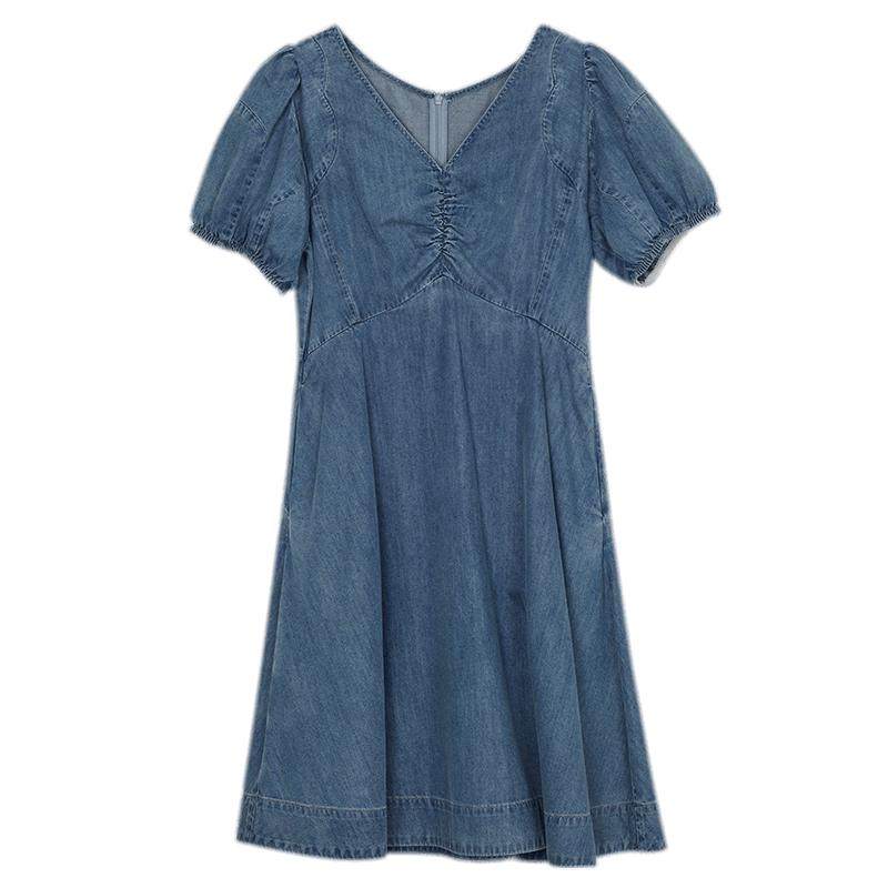 谜底复古V领牛仔连衣裙短袖夏季新款收腰显瘦中长裙232ML0624