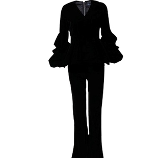 2025春装新品灯笼袖收腰微喇叭裤金丝绒休闲套装女大码气质两件套