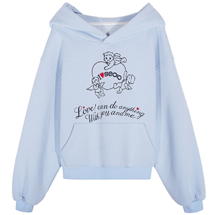 落落狷介加绒加厚卫衣女连帽套头小个子外套2025年新款设计感蓝色