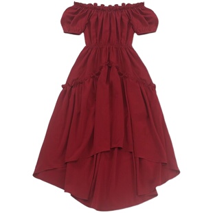 喵吉复古一字领露肩灯笼袖收腰渡假裙中长款不规则红色连衣裙女夏