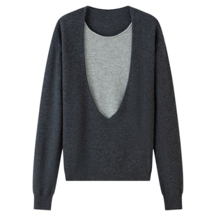 RUISHI芮时 “凛冬双颂”撞色假两件U领上衣羊毛长袖针织衫女冬季