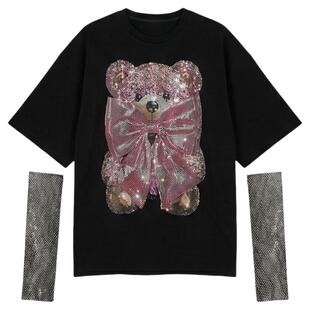 TCH烫钻小熊网纱拼接袖宽松T恤连衣裙女2026春夏新款T78A30E1055