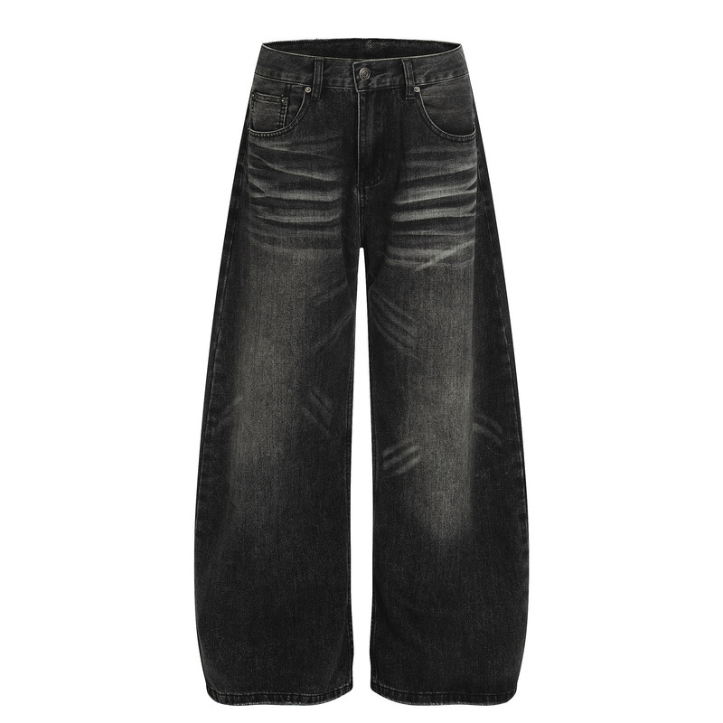 美式复古水洗做旧磨白黑色牛仔弯刀裤男女cleanfit宽松休闲阔腿裤
