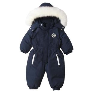 欧美风宝宝滑雪服连体衣 宝宝爬服哈衣2025冬季新款童装连身衣