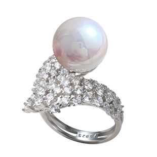 通体s925纯银彗星戒指人造澳白珍珠指环法式轻奢高级感开口戒满钻