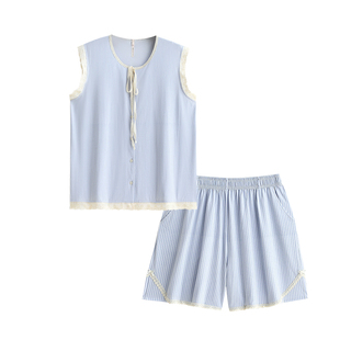 悦内带胸垫睡衣女款夏天夏季无袖背心开衫短裤纯棉家居服条纹薄款