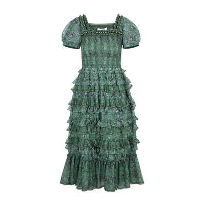 LULUALWAYS【商场同款】经典复古绿提花女神蛋糕连衣裙