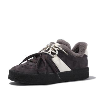 BellaLily2025秋冬新款雪地加绒德训鞋女保暖毛毛鞋休闲牛皮板鞋