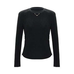 IAmMIX27黑色修身针织衫女简约高温烫钻亮丝混纺抽皱侧缝套头上衣