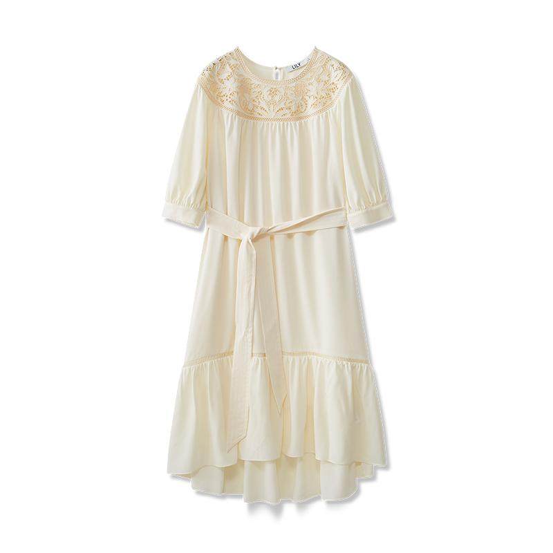 LILY新款女装蕾丝镂空花边垂坠感复古优雅通勤舒适连衣裙