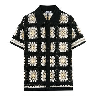 2026夏季欧美男士撞色钩花短袖针织polo衫镂空百搭衬衣Men shirts