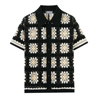 2026夏季欧美男士撞色钩花短袖针织polo衫镂空百搭衬衣Men shirts