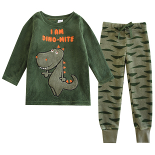 可爱兔子恐龙儿童春秋刺绣珊瑚绒睡衣套男童女孩法兰绒套头家居服