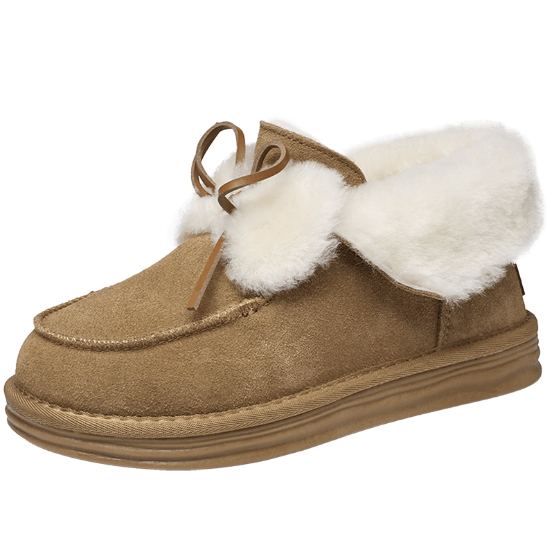 意尔康真皮厚底毛毛鞋女2025冬季款雪地靴防水加绒低帮一脚蹬棉鞋