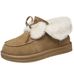 意尔康真皮厚底毛毛鞋女2025冬季款雪地靴防水加绒低帮一脚蹬棉鞋