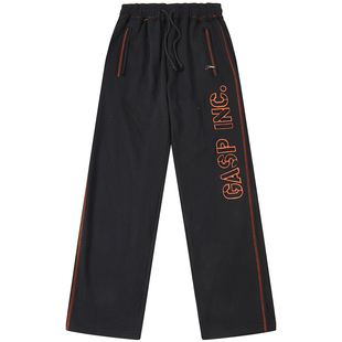 美式肌肉硬汉运动长裤加肥健身直筒卫裤绣花压线拉链口袋宽松裤子