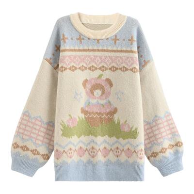 森女部落甜美风百搭小熊提花毛衣女2026新款撞色圆领宽松针织衫冬