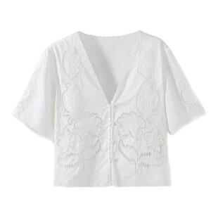 【清爽减龄】重工刺绣镂空 法式浪漫花边V领短袖定位绣花衬衫衬衣