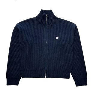 国内现货CELINE思琳新款凯旋门刺绣罗纹羊毛海军蓝针织开衫毛衣