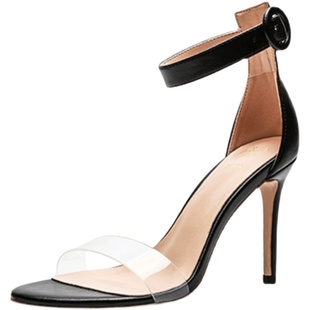 2024夏季时尚百搭珍珠水晶一字带扣细跟露趾凉鞋舒适超高跟12公分