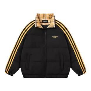 美式羽绒棉服男女同款2024冬装新款潮牌三条杠棉衣logo面包服棉袄