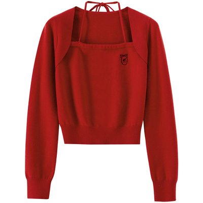 BANANA BABY2025年冬新款甜美小性感假两件挂脖系带针织衫女小众