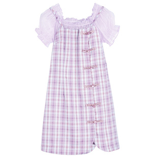 格子旗袍连衣裙女改良版一字肩网纱修身开叉温柔风A字裙2024春夏