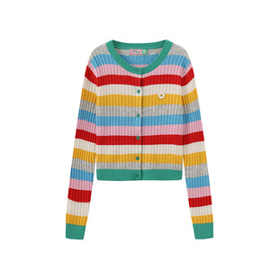 wigglewiggle26年春秋经典笑脸花条纹个性甜酷减龄毛衣开衫上衣女