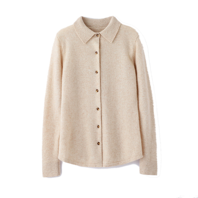 高端POLO衬衫领100纯山羊绒女秋冬款开衫系扣毛衣宽松针织打底衫