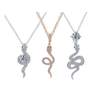 新品灵蛇纳福s925纯银镶莫桑石吊坠项链女颈链 Snake necklace