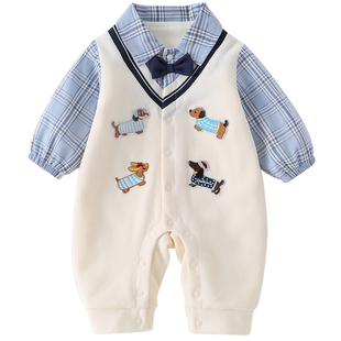 百天婴儿衣服秋冬男宝宝加绒连体衣小绅士婴幼儿外出周岁礼服冬季