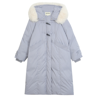 omont蛋挞家 牛角扣连帽毛领羽绒服女冬季新款中长款保暖加厚外套