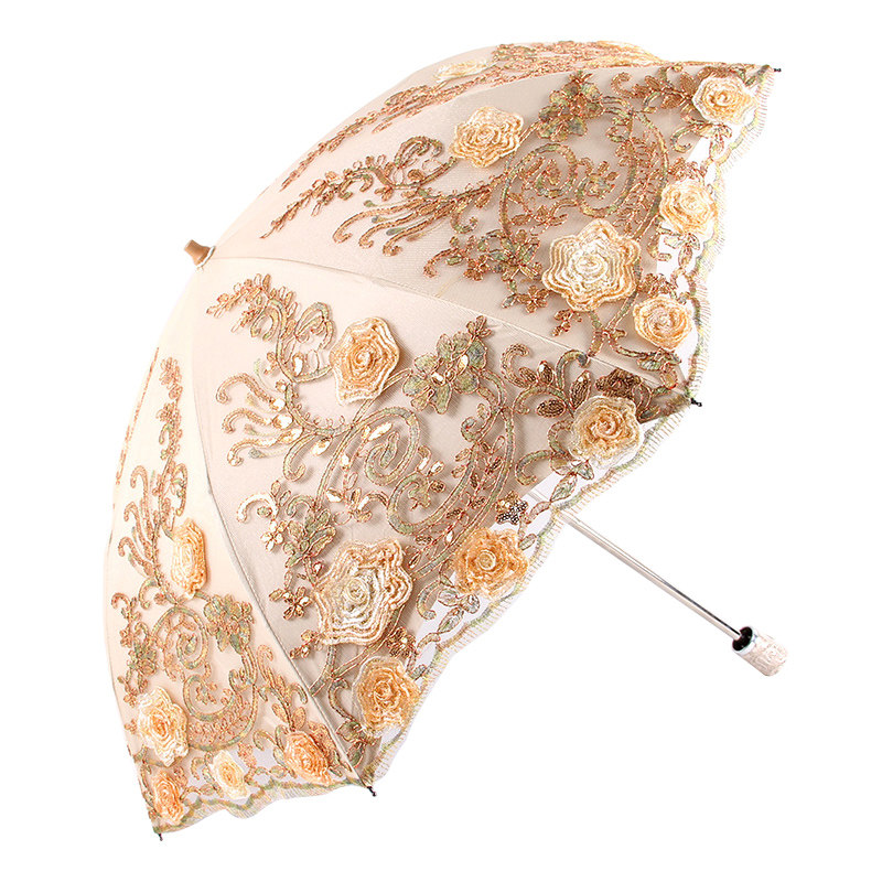 高档绣花太阳伞防晒防紫外线洋伞刺绣蕾丝二折黑胶遮阳伞女晴雨伞