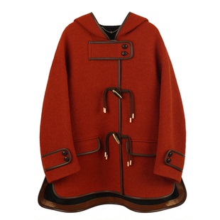 NancyCavally重工系列 颗粒感初剪羊毛软呢 皮镶边牛角扣毛呢外套