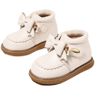 斯纳菲冬季新款女童皮鞋加绒黑色保暖宝宝靴子儿童皮靴二棉白短靴