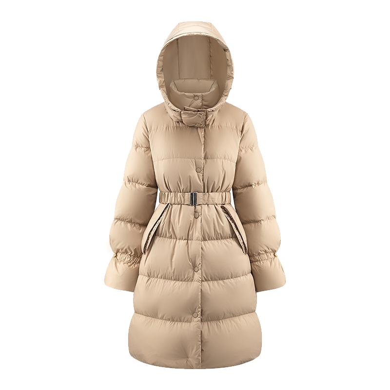 艾莱依收腰羽绒服女时尚新款时尚设计感中长款鸭绒保暖连帽外套冬