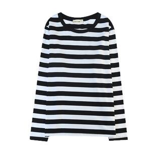 早春上衣新款长袖t恤女士纯棉打底衫妈妈装洋气条纹体恤秋衣外穿