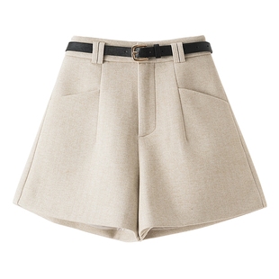 毛呢西装口袋短裤女2025秋冬高腰A字阔腿裤显瘦宽松打底呢子靴裤