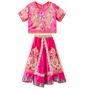 新款异域风情印度舞民族风儿童舞蹈服哈愣刺绣纱丽大摆裙套装