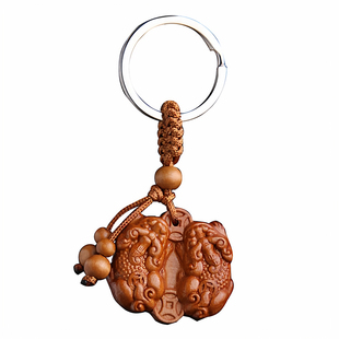 泰山老桃木双貔貅挂件公母一对开过正品肥城守财招财进宝钥匙扣