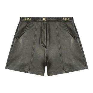 Maje Outlets秋冬女装法式甜酷风羊皮革黑色马衔扣装饰皮革短裤