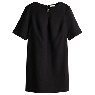 HM女装连衣裙春季静奢风亚麻混纺短袖圆领通勤直筒短款裙1289839