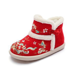 汉服鞋女童2025新款雪地靴手工宝宝拜年古风儿童绣花加绒棉鞋冬季