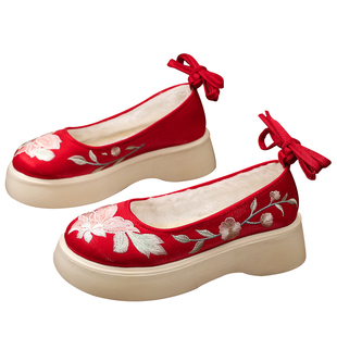 厚底汉服鞋子女冬季加绒增高新中式古风绣花鞋国风软底布鞋古装鞋