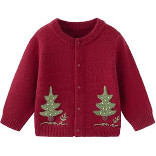 babylove婴儿针织开衫红色毛衣秋冬宝宝羊毛外套保暖衣服浮翠流丹
