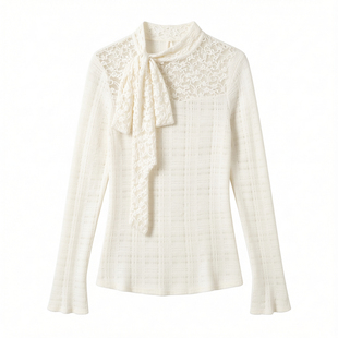 大码女装纯欲风蝴蝶结蕾丝长袖T恤2026春秋冬胖MM杏色打底衫上衣