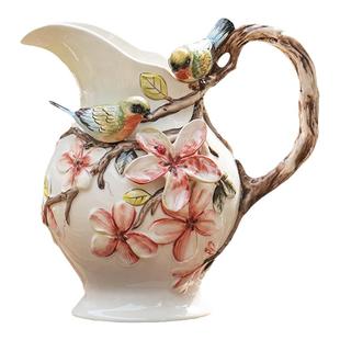 方亚陶瓷彩绘浮雕花鸟大号水罐花瓶饰品家居礼品新房装饰摆件礼品