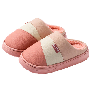 防水棉拖鞋女冬季情侣居家用室内厚底防滑地板家居皮拖鞋男冬外穿