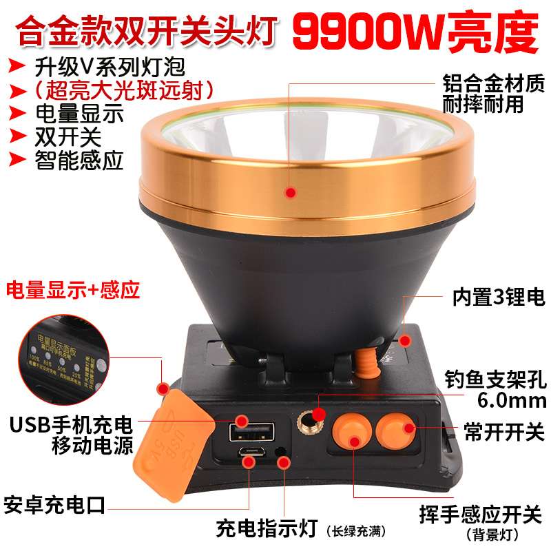 9900W头灯强光充电3锂电超亮led头戴式黄光夜钓探照疝气高亮矿灯