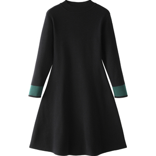 黑色长袖连衣裙女小个子针织裙秋冬季过膝长裙打底长款a字毛衣裙